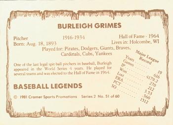 1981 Cramer Baseball Legends Series 2 #51 Burleigh Grimes Back