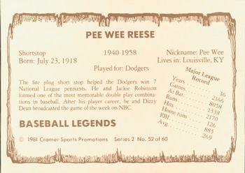 1981 Cramer Baseball Legends Series 2 #52 Pee Wee Reese Back