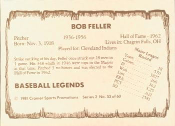 1981 Cramer Baseball Legends Series 2 #53 Bob Feller Back