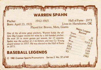 1981 Cramer Baseball Legends Series 2 #57 Warren Spahn Back
