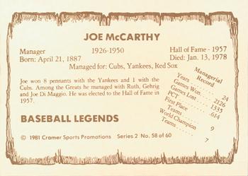 1981 Cramer Baseball Legends Series 2 #58 Joe McCarthy Back