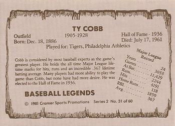 1981 Cramer Baseball Legends Series 2 #31 Ty Cobb Back