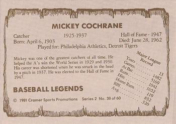 1981 Cramer Baseball Legends Series 2 #38 Mickey Cochrane Back