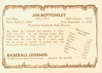 1982 Cramer Baseball Legends Series 3 #64 Jim Bottomley Back