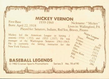 1982 Cramer Baseball Legends Series 3 #78 Mickey Vernon Back