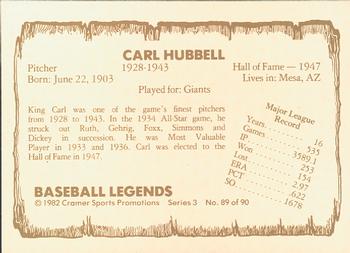 1982 Cramer Baseball Legends Series 3 #89 Carl Hubbell Back