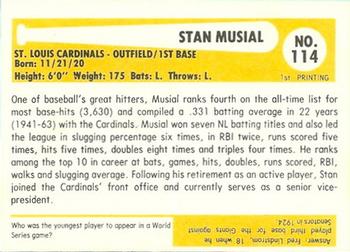 1980-87 SSPC HOF #114 Stan Musial Back