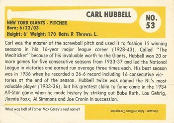 1980-87 SSPC HOF #53 Carl Hubbell Back