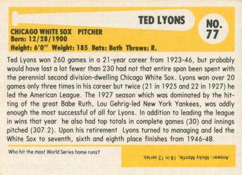 1980-87 SSPC HOF #77 Ted Lyons Back