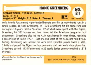 1980-87 SSPC HOF #81 Hank Greenberg Back