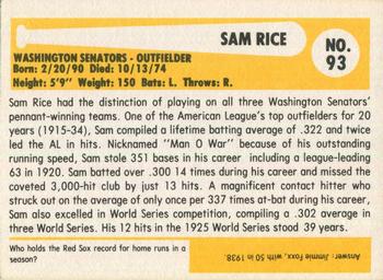 1980-87 SSPC HOF #93 Sam Rice Back