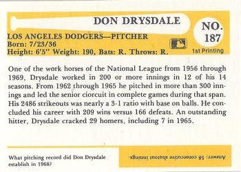 1980-87 SSPC HOF #187 Don Drysdale Back