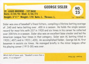 1980-87 SSPC HOF #25 George Sisler Back