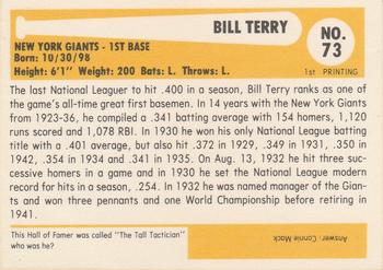 1980-87 SSPC HOF #73 Bill Terry Back