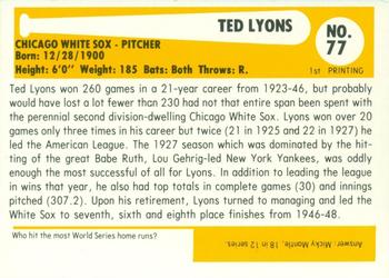 1980-87 SSPC HOF #77 Ted Lyons Back