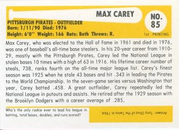 1980-87 SSPC HOF #85 Max Carey Back