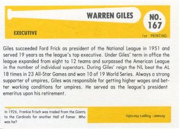 1980-87 SSPC HOF #167 Warren Giles Back