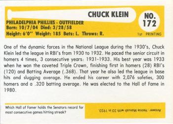 1980-87 SSPC HOF #172 Chuck Klein Back
