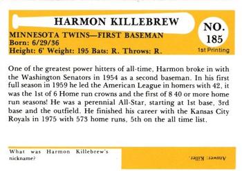 1980-87 SSPC HOF #185 Harmon Killebrew Back