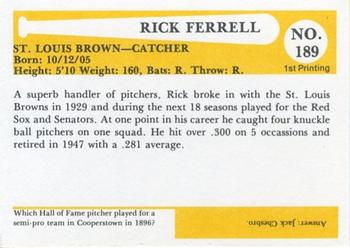 1980-87 SSPC HOF #189 Rick Ferrell Back