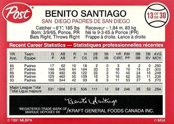 1991 Post Canada Super Star Series #13 Benito Santiago Back