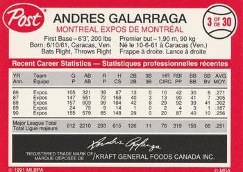 1991 Post Canada Super Star Series #3 Andres Galarraga Back