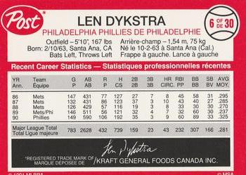 1991 Post Canada Super Star Series #6 Len Dykstra Back