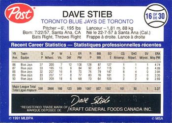 1991 Post Canada Super Star Series #16 Dave Stieb Back