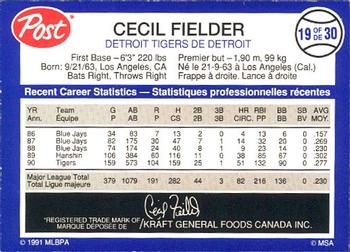 1991 Post Canada Super Star Series #19 Cecil Fielder Back