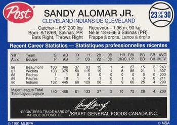 1991 Post Canada Super Star Series #23 Sandy Alomar Jr. Back