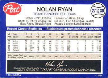 1991 Post Canada Super Star Series #27 Nolan Ryan Back