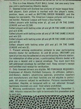 1968 Atlantic Oil Play Ball Contest Cards #NNO Joe Horlen Back