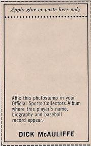 1969 MLB PhotoStamps #NNO Dick McAuliffe Back