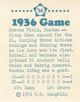 1974 Laughlin All-Star Games #36 Dizzy Dean - 1936 Back