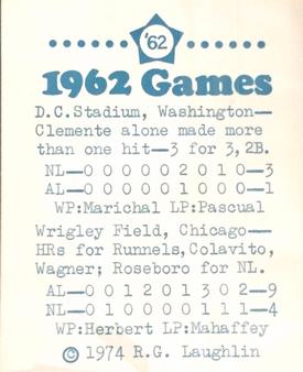 1974 Laughlin All-Star Games #62 Roberto Clemente - 1962 Back