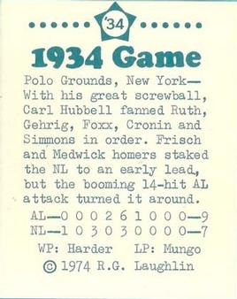 1974 Laughlin All-Star Games #34 Carl Hubbell - 1934 Back