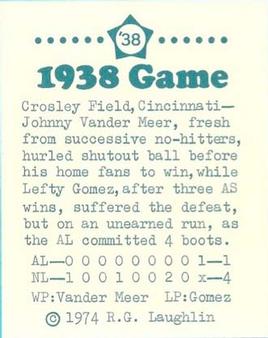 1974 Laughlin All-Star Games #38 John Vander Meer - 1938 Back