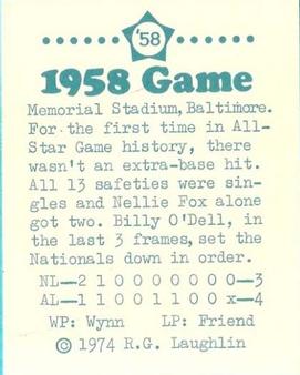 1974 Laughlin All-Star Games #58 Nellie Fox - 1958 Back