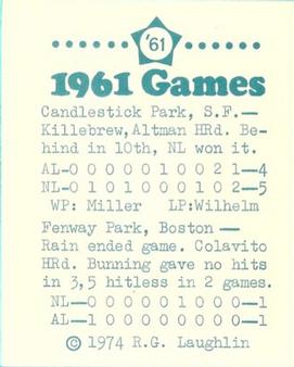 1974 Laughlin All-Star Games #61 Jim Bunning - 1961 Back