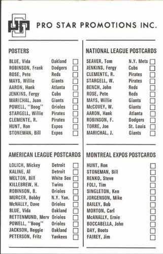 1972 Pro Stars Postcards #NNO Checklist Card Front