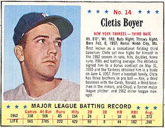1963 Jell-O #14 Cletis Boyer Front