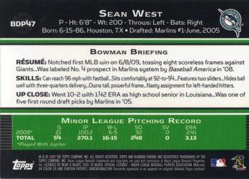 2009 Bowman Draft Picks & Prospects - Chrome #BDP47 Sean West Back