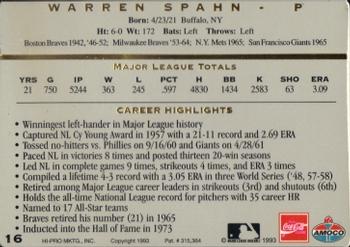 1993 Amoco/Coca-Cola Action Packed All-Star Gallery #16 Warren Spahn Back
