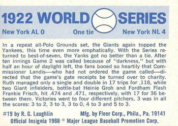 1970 Fleer World Series #19 1922 - Giants vs. Yankees - Heinie Groh Back