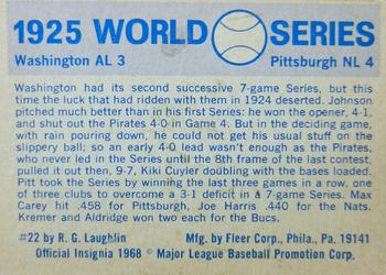 1970 Fleer World Series #22 1925 - Pirates vs. Senators - Walter Johnson Back