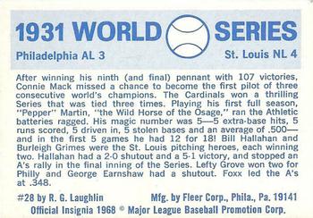 1970 Fleer World Series #28 1931 - Cardinals vs. As - Pepper Martin Back