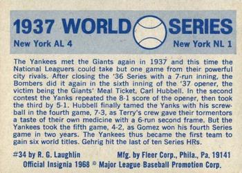 1970 Fleer World Series #34 1937 - Giants vs. Yankees - Carl Hubbell Back