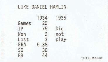 1974 TCMA 1934-35 Detroit Tigers AL Champions #NNO Luke Hamlin Back