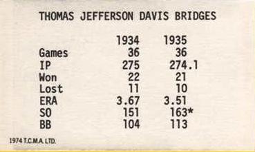 1974 TCMA 1934-35 Detroit Tigers AL Champions #NNO Tommy Bridges Back