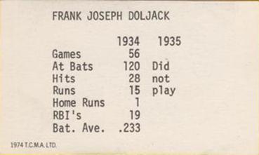 1974 TCMA 1934-35 Detroit Tigers AL Champions #NNO Frank Doljack Back